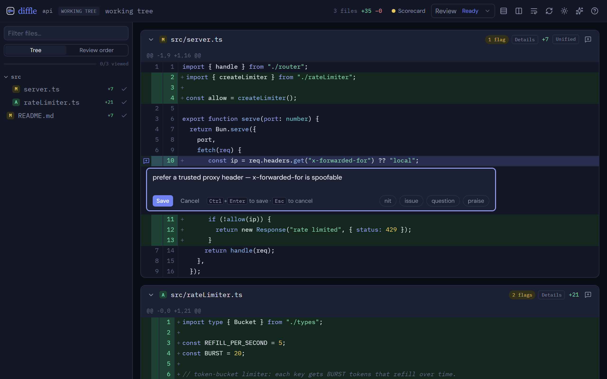 The nittle review view: a file tree, a syntax-highlighted diff, and an open inline comment