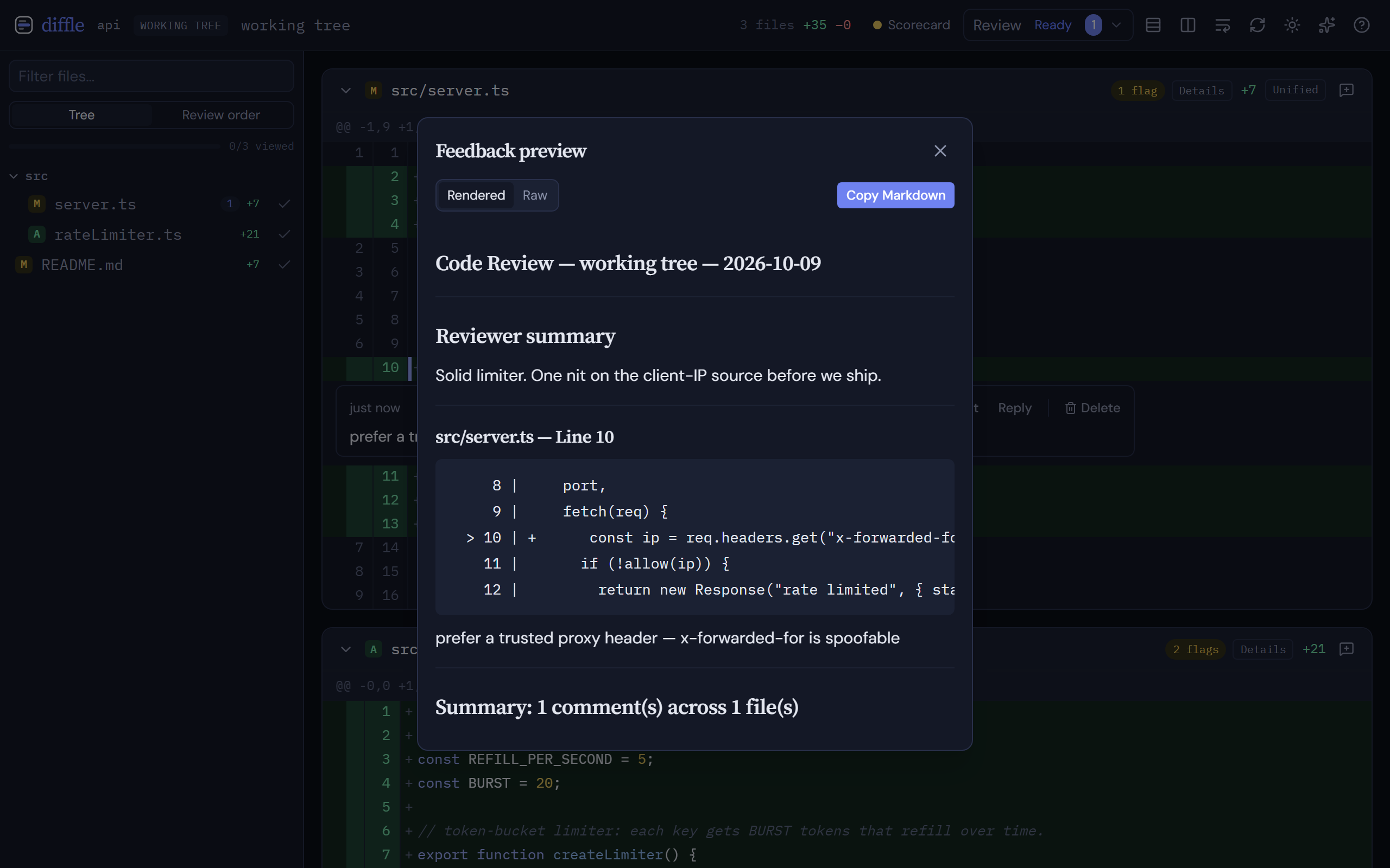 The feedback preview: each comment rendered with its code context, ready to copy as Markdown