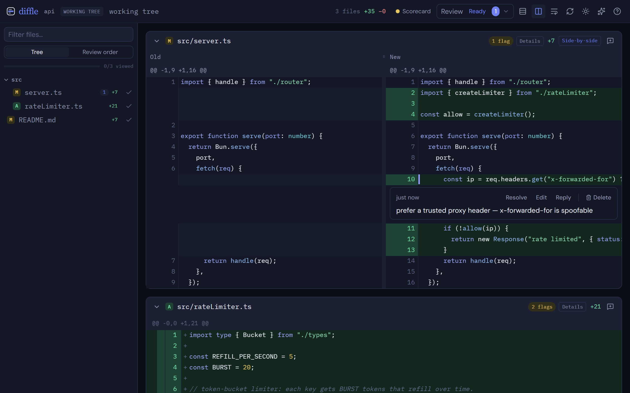 A side-by-side diff: the old file on the left, the new file on the right, with an inline comment thread