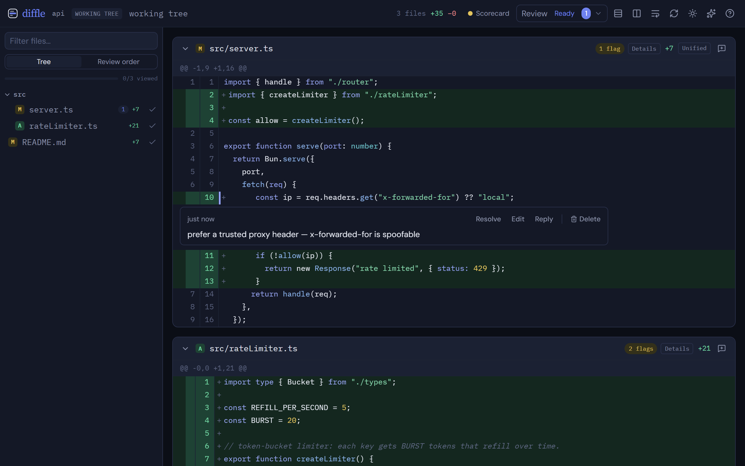 A saved inline comment thread anchored to a line, with resolve, edit, reply, and delete actions